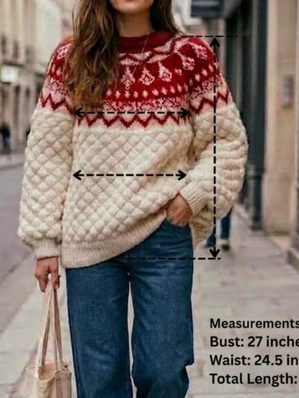 NWT Zara Fair Isle Textured Knit Sweater Red Cream Wool Blend Chunky Jacquard L - Picture 2 of 9